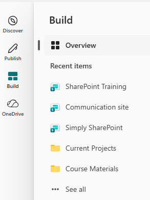 New SharePoint Build hub — recent sites and libraries