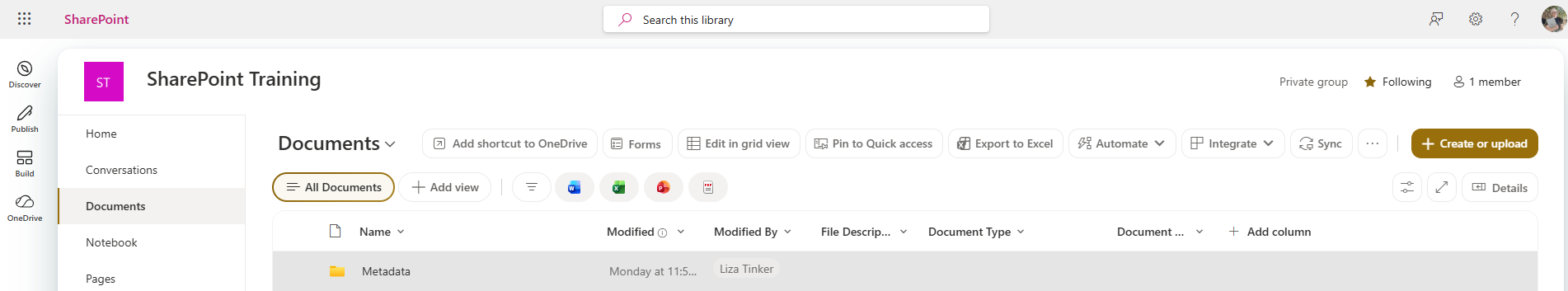 New SharePoint document library command bar — Create or upload, Add shortcut to OneDrive, Forms, Edit in grid view, Pin to Quick access, Export to Excel, Automate, Integrate, Sync