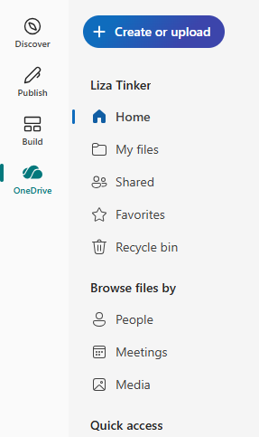 New OneDrive hub — Home, My files, Shared, Favourites, Recycle bin, Browse by People/Meetings/Media
